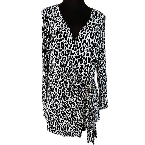 Cache Black White Animal Print Faux Wrap Cold Shoulder Asymmetrical Top Sz L - Picture 1 of 6